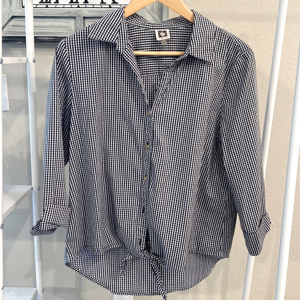 Anne Klein blouse, in black and white checkered print. Size large